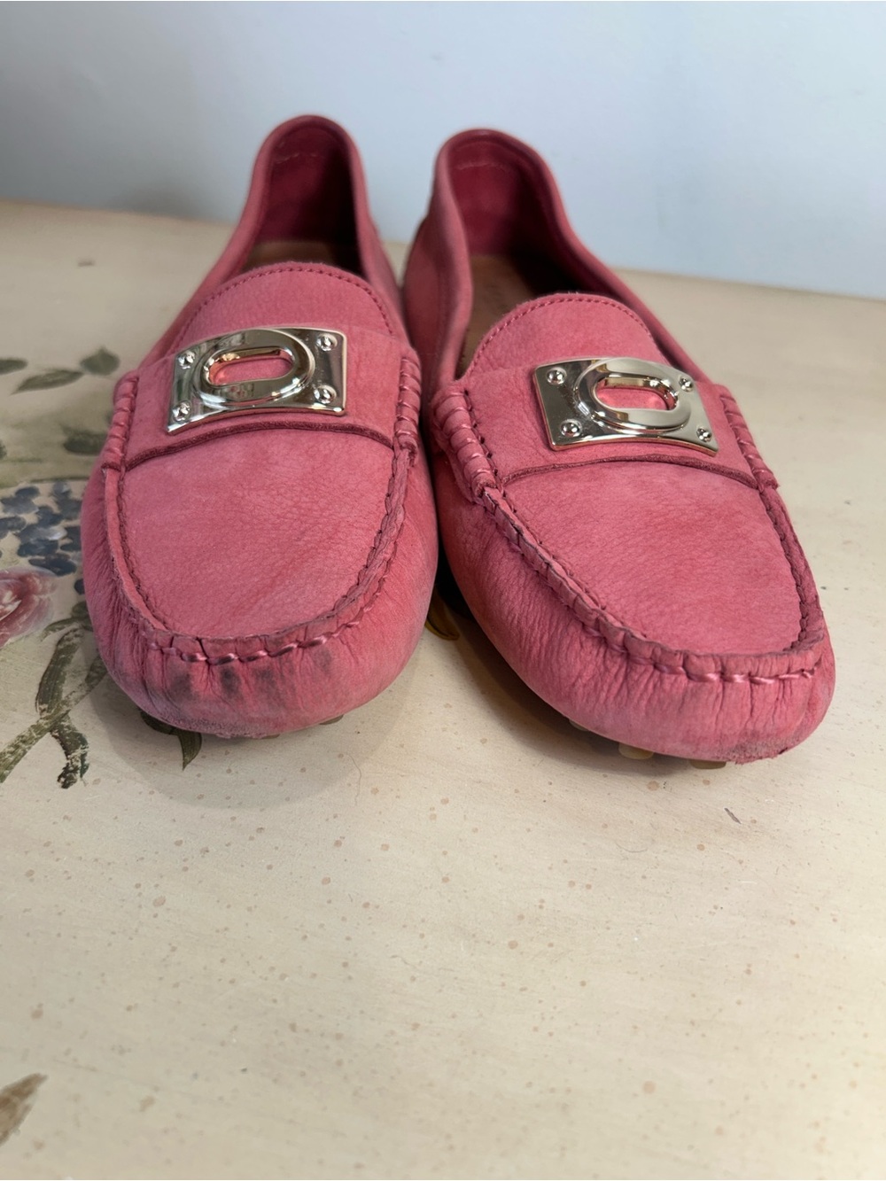 Coach Napoleon Salmon Pink Coral Suede Gold Buckle Driving Loafers - Picture 3 of 15